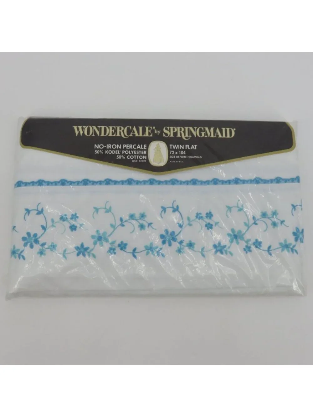 NEW Springmaid Wondercale TWIN Flat Sheet White Blue Embroidered Floral Flower